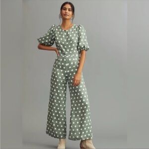 NWT Anthropologie Faithfull the Brand Green Linen Open Back Polka Dot Jumpsuit